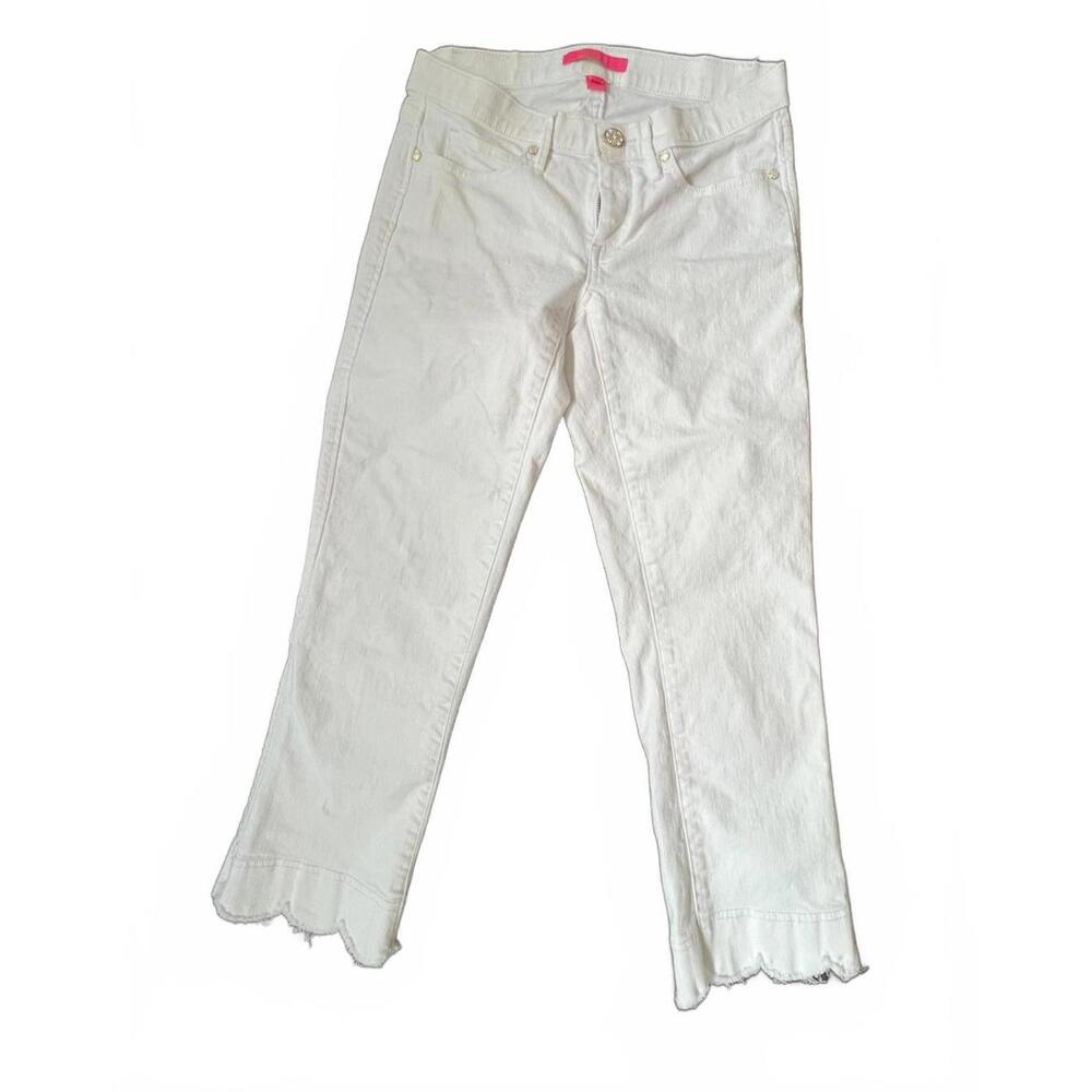 Lilly Pulitzer White Cropped Frayed Scalloped Hem Jeans